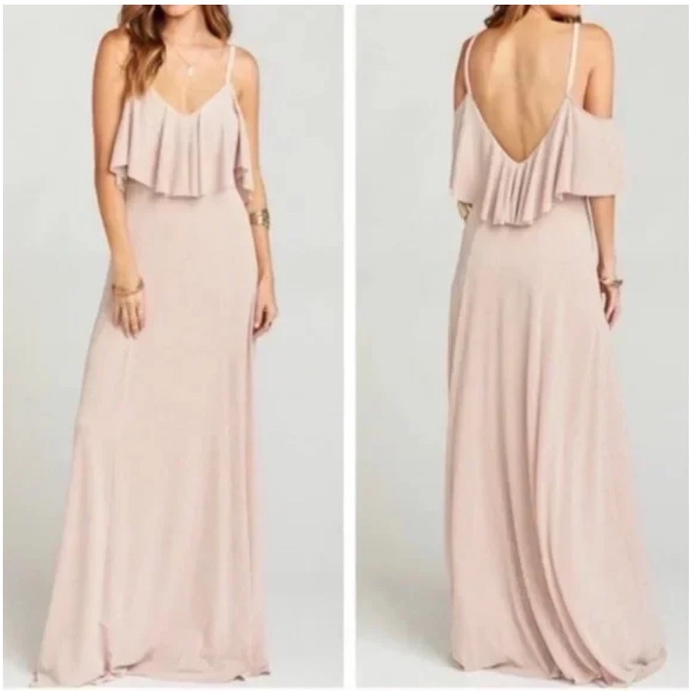 Show Me Your Mumu Renee Ruffle Maxi Dress color Dancing Queen Shine Blush size L